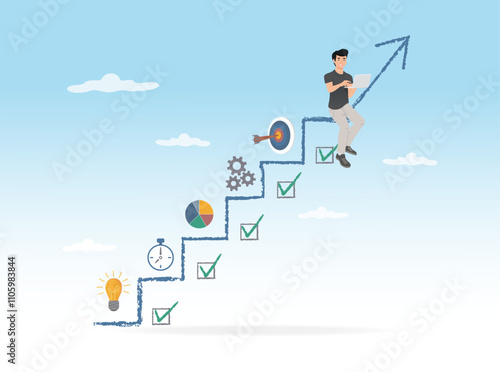 achievement with mapped process, mission accomplished, ladder of ideas, time, graph, process, target, employee working at the top of the ladder with icons