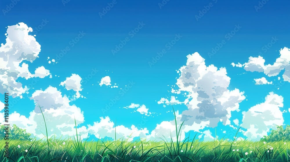 Blue Sky and White Clouds with Grass Background Image Blue Sky and White Clouds with Grass Background Image