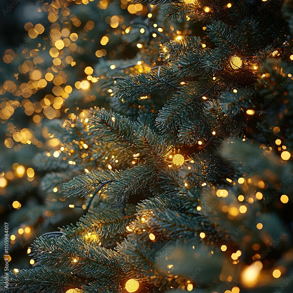 Fototapeta premium Close-up of fir branch with dew and lights in background. Christmas concept