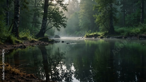 Early morning forest with a quiet river.
