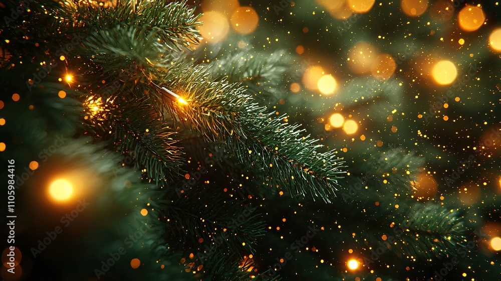 Close-up of fir branch with dew and lights in background. Christmas concept Close-up of fir branch with dew and lights in background. Christmas concept