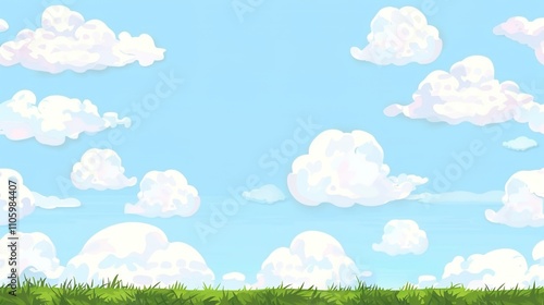 Blue Sky and White Clouds with Grass Background Image