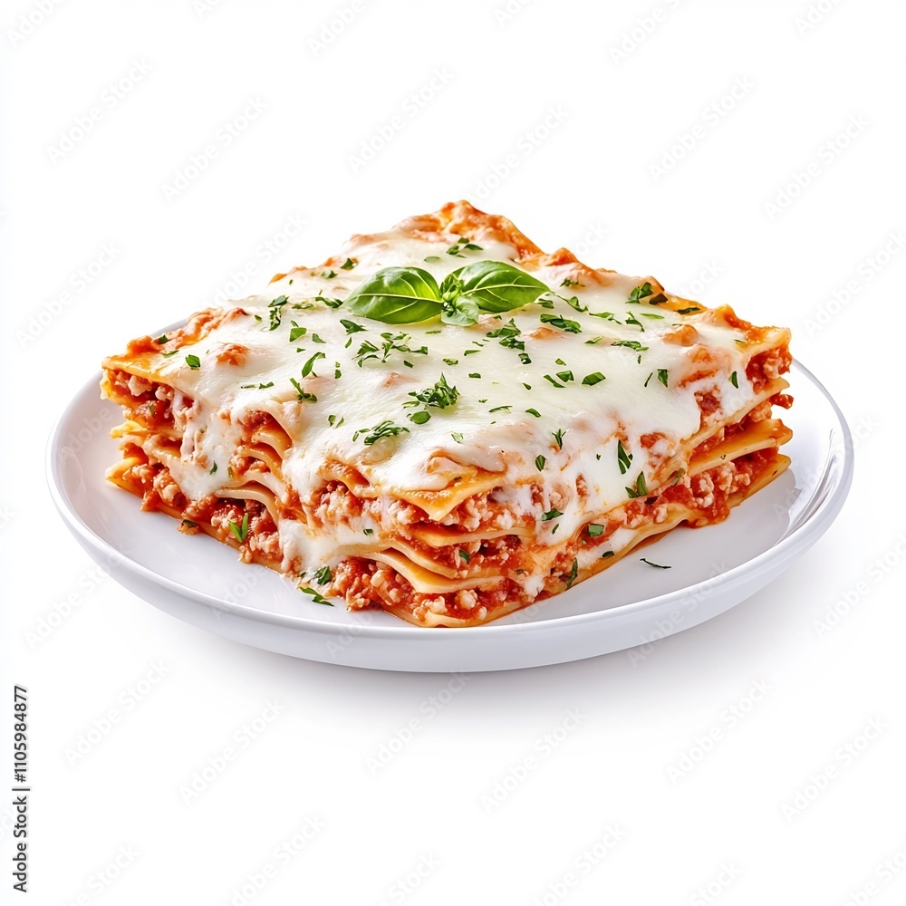 Tempting Homemade Lasagna Dish with Cheese and Herbs on White Plate Tempting Homemade Lasagna Dish with Cheese and Herbs on White Plate