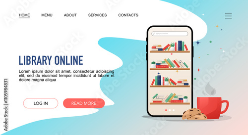 Library Online landing page website template with mobile interface with bookshelves, a coffee cup and snack