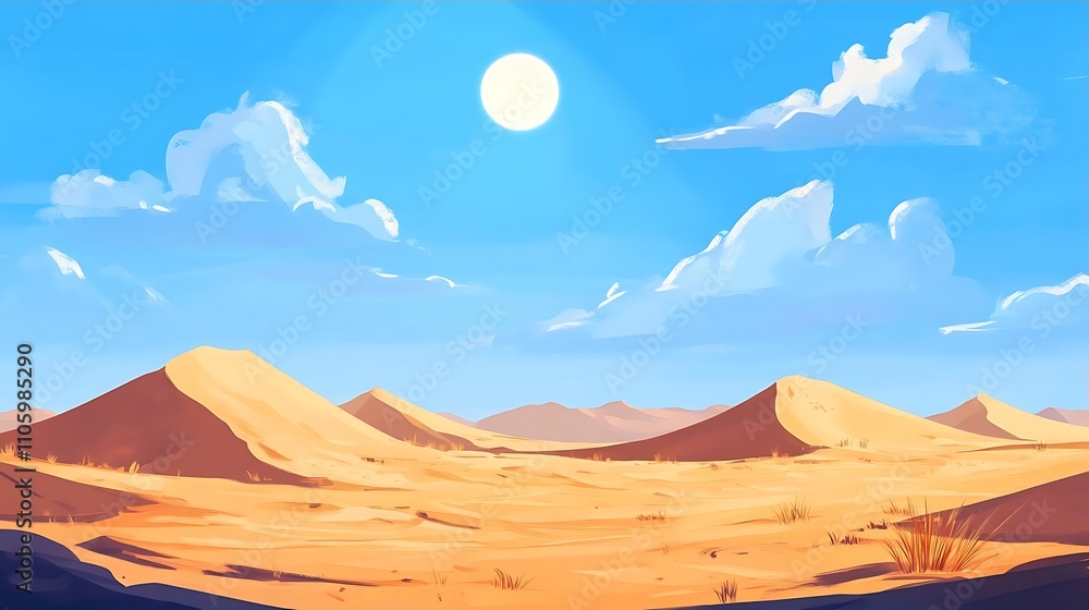 Naklejka premium Sunny Desert Landscape Sand Dunes Blue Sky Clouds Nature Background