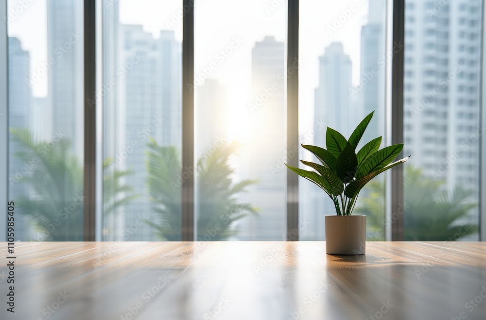 A potted plant by a city window at sunrise. A potted plant by a city window at sunrise.