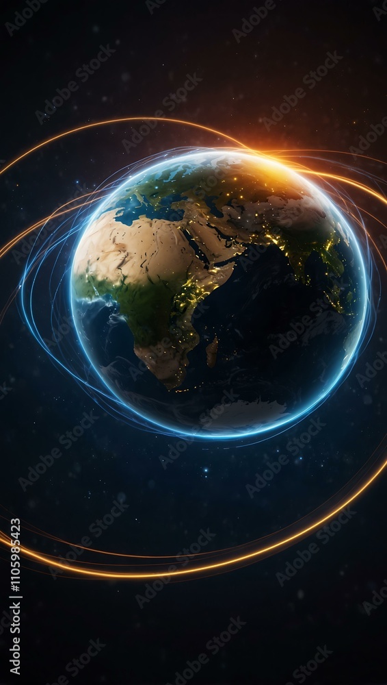 Fototapeta premium Earth with light trails, symbolizing global communication tech.