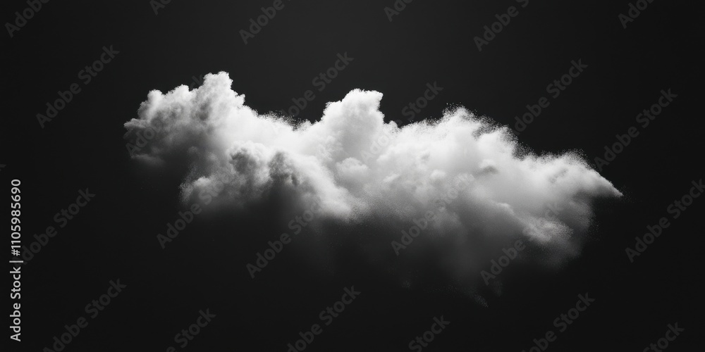 A puffy white cloud is centered against a deep black background, showcasing its fluffy texture and soft contours that resemble cotton. A puffy white cloud is centered against a deep black background, showcasing its fluffy texture and soft contours that resemble cotton.