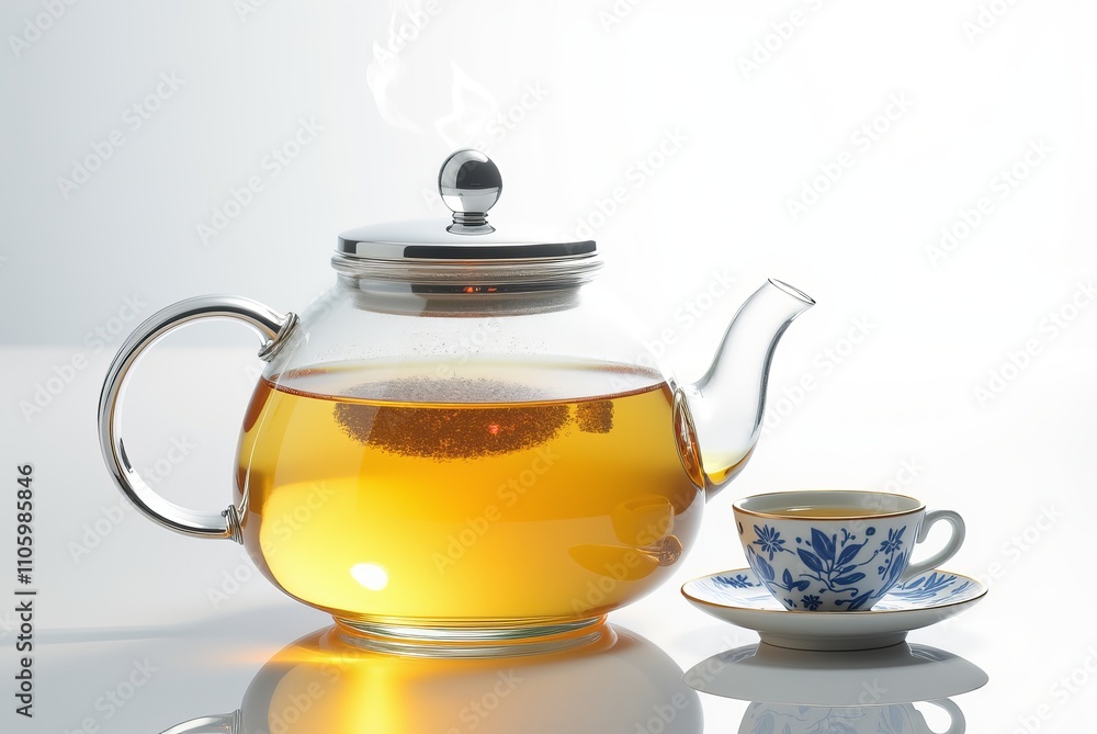 Glass Teapot, Porcelain Saucers Glass Teapot, Porcelain Saucers
