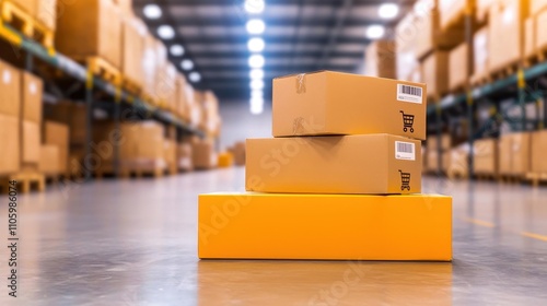 Stacks of cardboard boxes in a spacious warehouse with shelves in the background. photo