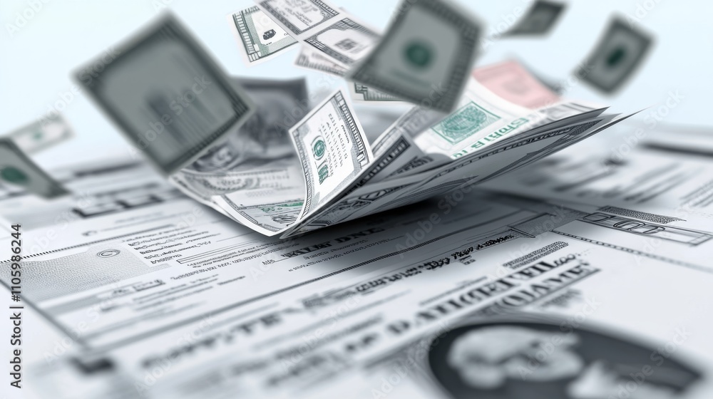 Flying Banknotes Representing Paycheck Concept in Financial Scene Flying Banknotes Representing Paycheck Concept in Financial Scene