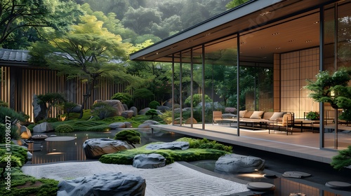 The photo showcases a Japanese-inspired minimalist home with a tranquil Zen garden, Photography, National Geographic Style, spectacular backdrops, vivid visuals, an awe-inspiring collection, photoreal photo