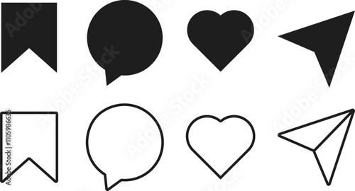 Like, comment, share, save icon set. media like, chat, send and save symbols. social media generic reaction sign
