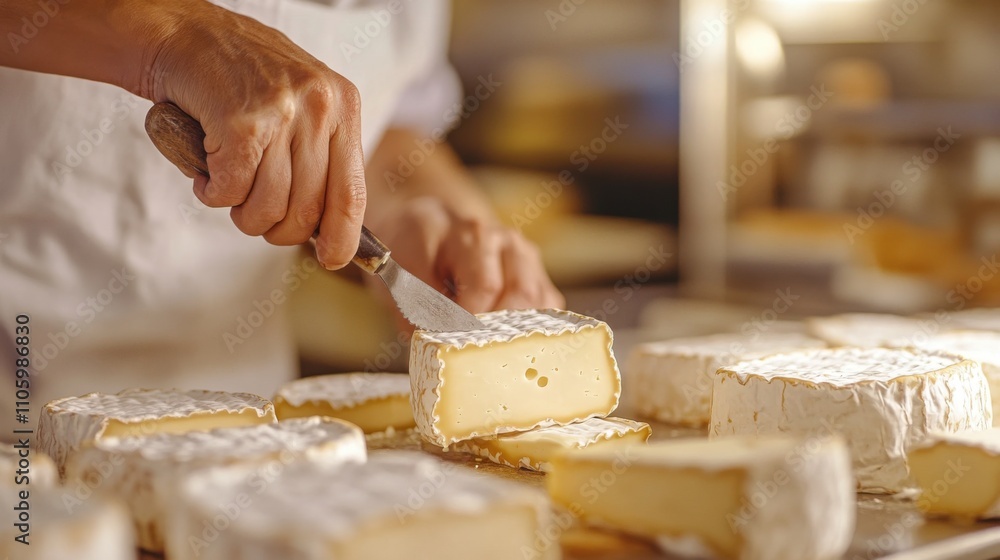 Artisan Cheesemaker Cutting Camembert Rounds Creamy Dairy Delights Artisan Cheesemaker Cutting Camembert Rounds Creamy Dairy Delights