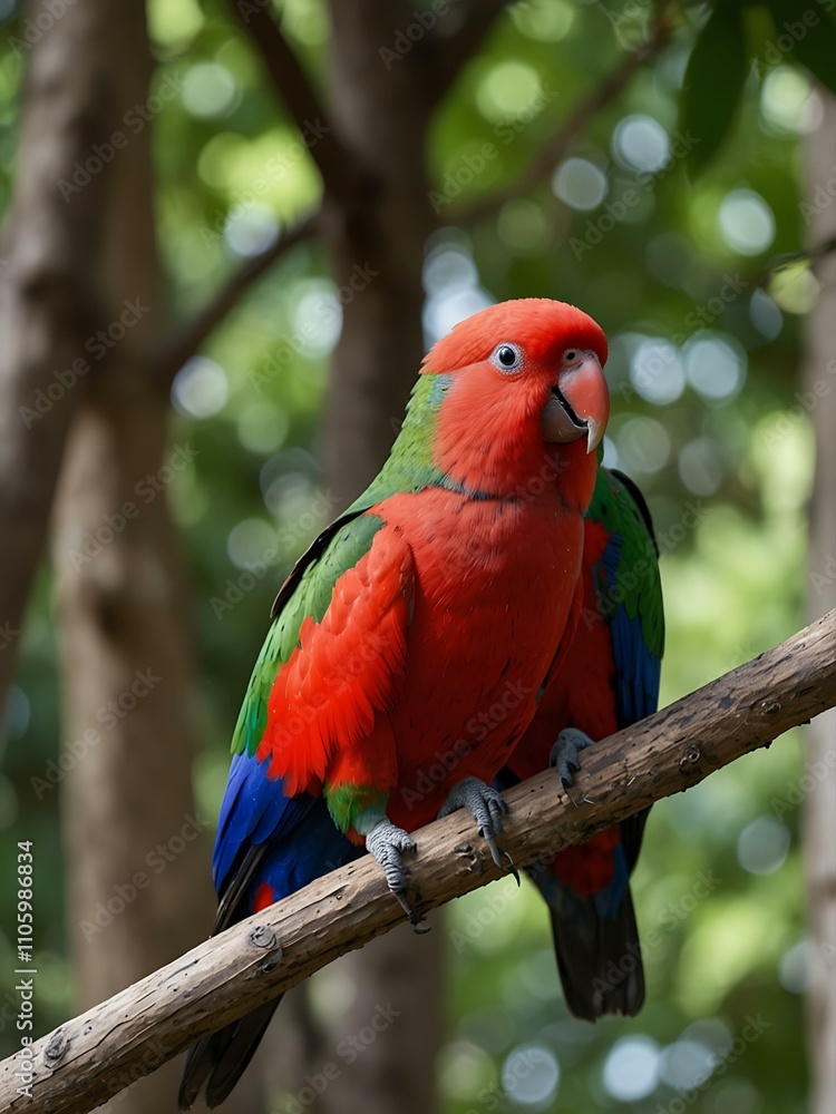 Obraz premium Eclectus parrots perched side by side.