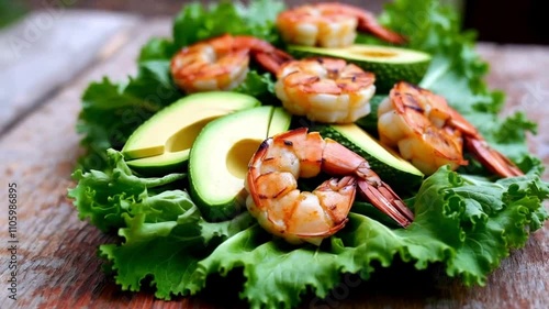 Delicious Salad with Grilled Shrimp and Avocado on a Wooden Table