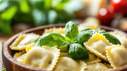 Delicious Ravioli Pasta Dish with Fresh Basil Garnish photo