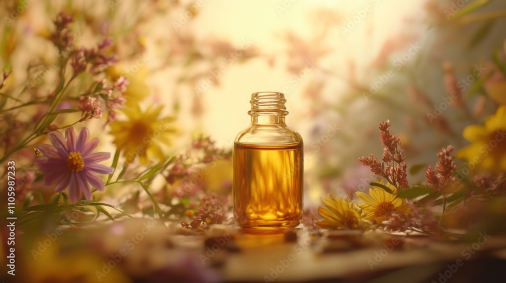 Golden Herbal Essential Oil Bottle Surrounded by Blooming Flowers Golden Herbal Essential Oil Bottle Surrounded by Blooming Flowers
