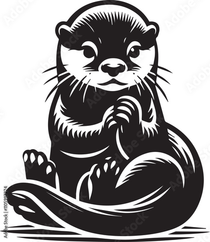 Otter sitting with paws together looking shy black silhouette vector