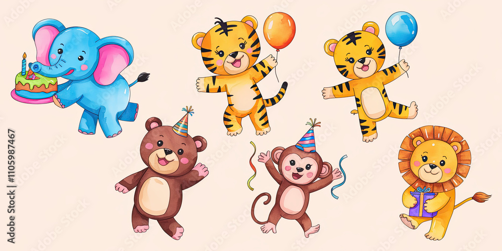 Fototapeta premium Lively Circus Animal Celebration with Five Charming Creatures