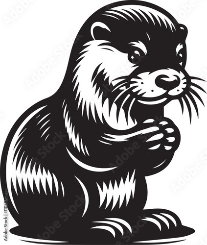 Otter sitting with paws together looking shy black silhouette vector