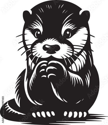 Otter sitting with paws together looking shy black silhouette vector