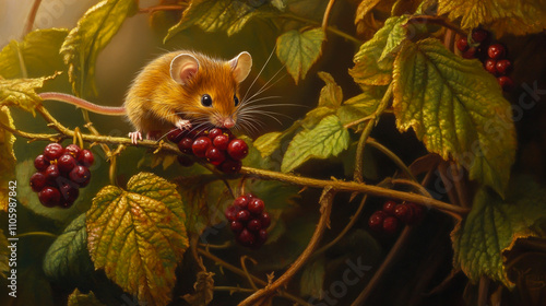 Harvest mouse on a plant-eating berries.