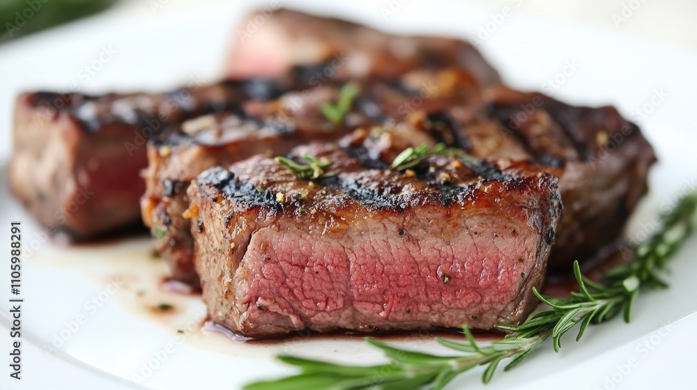 A close-up of a succulent piece of grilled lamb with herbs and spices, placed on a white plate, emphasizing the flavors and presentation of fine dining. A close-up of a succulent piece of grilled lamb with herbs and spices, placed on a white plate, emphasizing the flavors and presentation of fine dining.