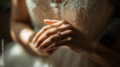 Closeup Diamond Engagement Ring on Brides Finger, Wedding Dress