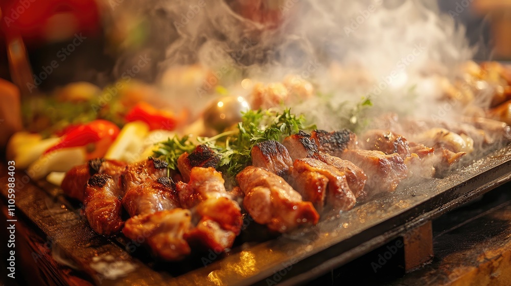 A close-up of a variety of meats and vegetables sizzling on a hot plate, with steam rising and garnishes of herbs and spices, showcasing the appetizing colors and textures A close-up of a variety of meats and vegetables sizzling on a hot plate, with steam rising and garnishes of herbs and spices, showcasing the appetizing colors and textures
