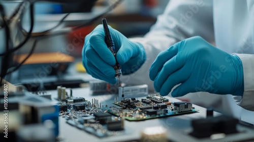 Wallpaper Mural Worker in Gloves Testing Electronic Components on Circuit Board Torontodigital.ca