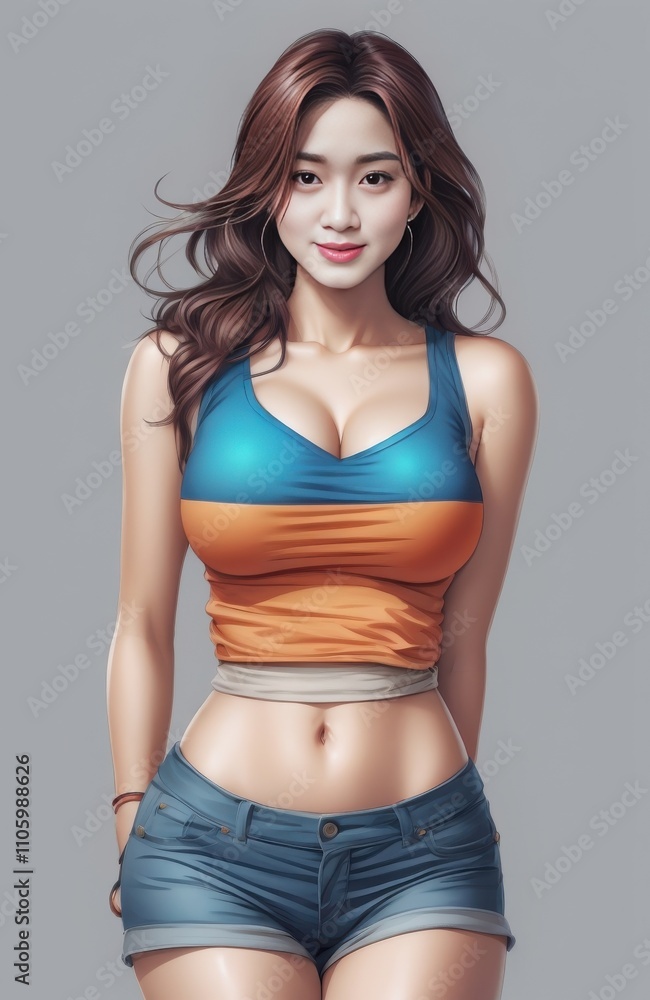 a woman in a blue and orange top and shorts posing a woman in a blue and orange top and shorts posing
