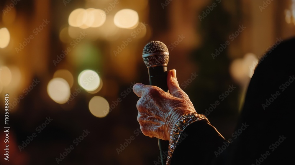 Obraz premium Elderly Womans Hand Holding Microphone at Elegant Evening Event