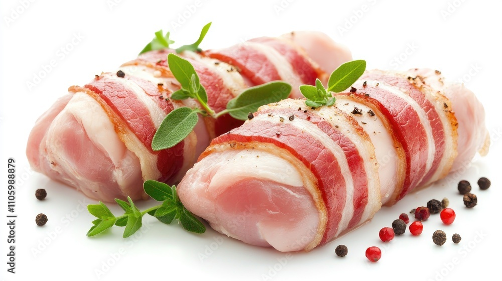 A close-up of bacon being wrapped around a juicy chicken breast, with a white background to emphasize the savory combination, perfect for gourmet cooking presentations. A close-up of bacon being wrapped around a juicy chicken breast, with a white background to emphasize the savory combination, perfect for gourmet cooking presentations.