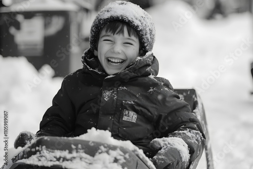 Closeup photo of a happy smiling child ride in snow on a sled. cold winter acrivity for kids photo