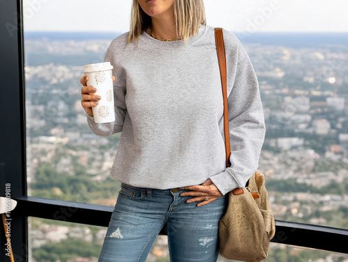 Girl wearing blank gray sweathirt with copy space for your design. (Only background modified with AI ) photo