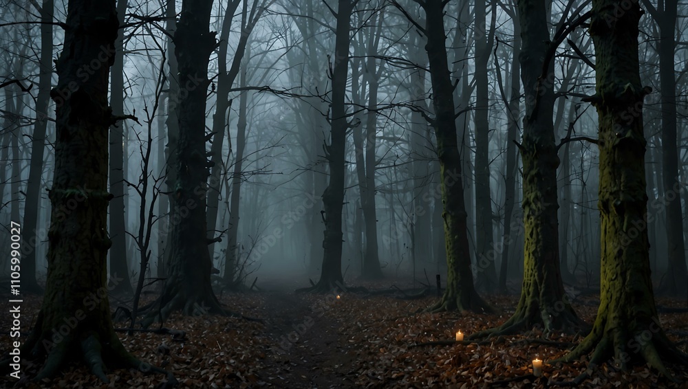 Fototapeta premium Eerie forest decorations creating a haunting atmosphere.