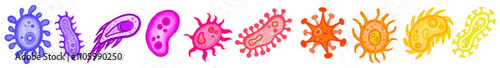 Bacteria and germ in circle. Bacterias, disease cells and germs in round frame. Human diseases cartoon vector illustration set. Bacteria biology, bacterium virus, microorganism infection