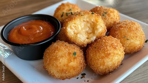 A close-up of golden-brown cheese balls, crispy on the outside and oozing cheesy goodness from the inside, placed on a white plate with a dipping sauce, highlighting their irresistible appeal.