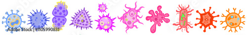 Bacteria and germ in circle. Bacterias, disease cells and germs in round frame. Human diseases cartoon vector illustration set. Bacteria biology, bacterium virus, microorganism infection