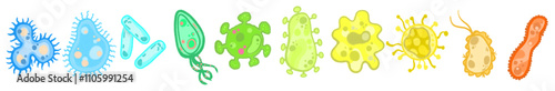Bacteria and germ in circle. Bacterias, disease cells and germs in round frame. Human diseases cartoon vector illustration set. Bacteria biology, bacterium virus, microorganism infection