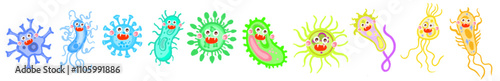 Bacteria and germ in circle. Bacterias, disease cells and germs in round frame. Human diseases cartoon vector illustration set. Bacteria biology, bacterium virus, microorganism infection