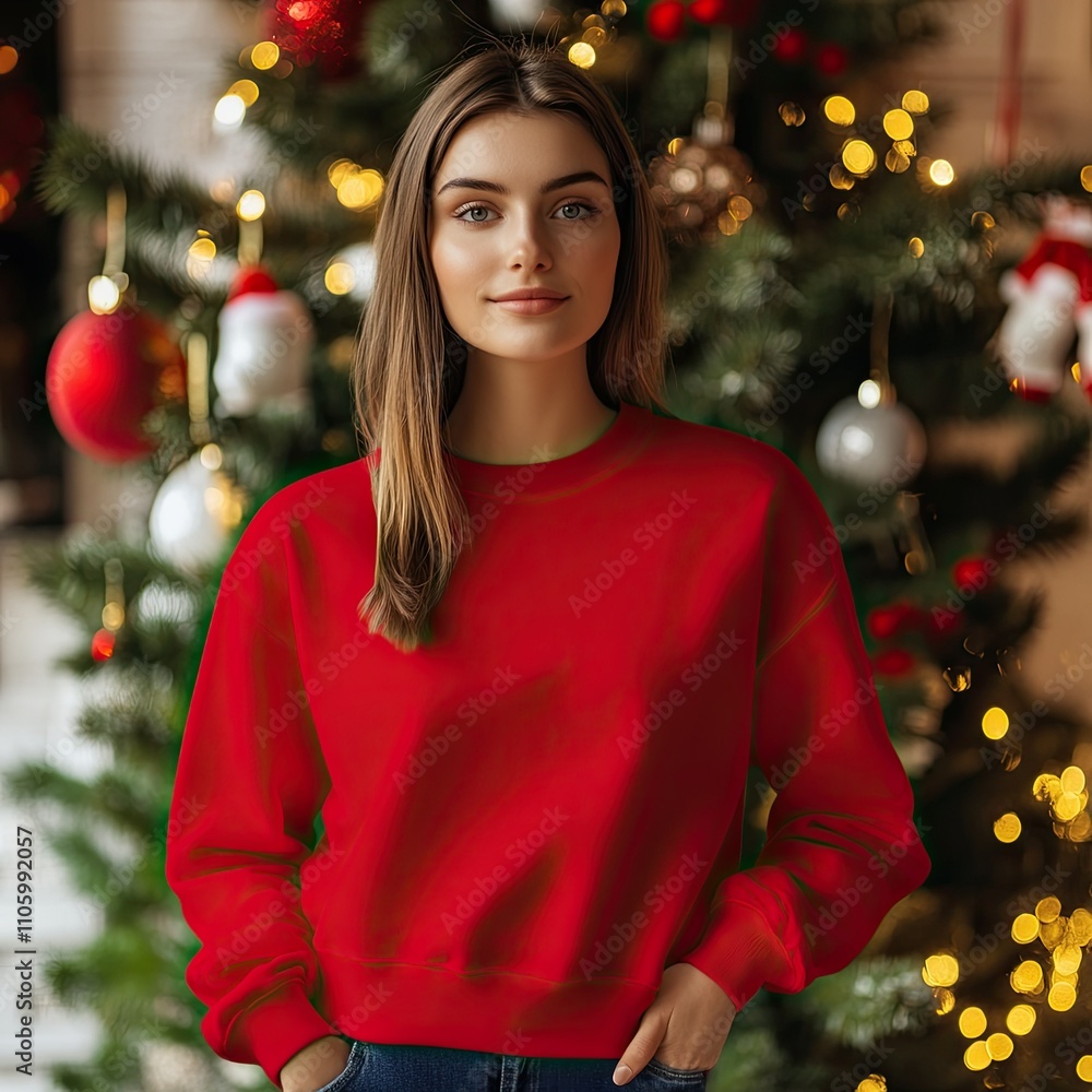Woman in Red Sweater with Christmas Tree