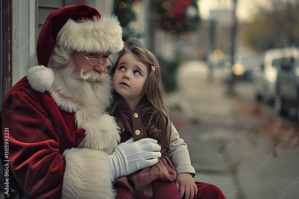 A little child sits on Santa Claus's lap and tell him is christmas whishes, portrait of Santa and a kid with traditional chistmas and winter season background A little child sits on Santa Claus's lap and tell him is christmas whishes, portrait of Santa and a kid with traditional chistmas and winter season background