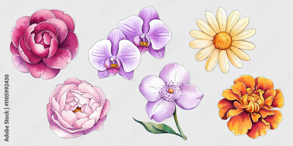 Refined Watercolor Composition of Five Elegant Flowers Refined Watercolor Composition of Five Elegant Flowers