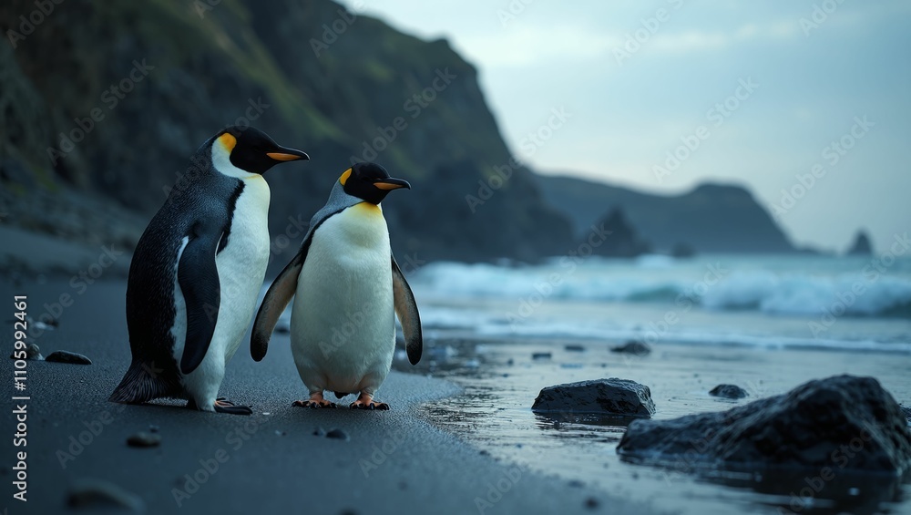 Fototapeta premium penguins at the beach with cliffs