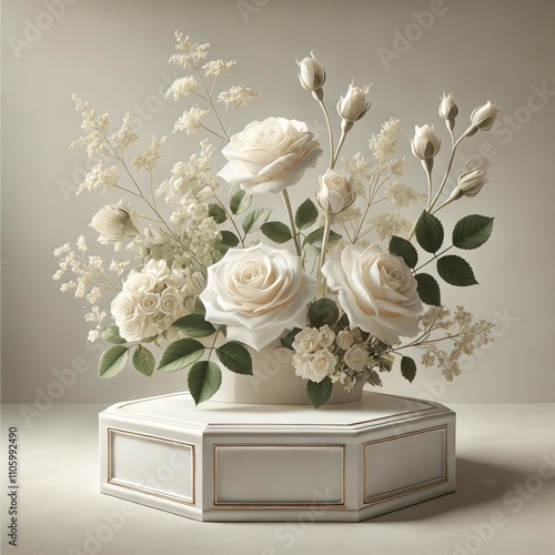 Elegant Hexagonal Pedestal with White Roses and Greenery
