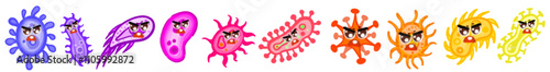 Bacteria and germ in circle. Bacterias, disease cells and germs in round frame. Human diseases cartoon vector illustration set. Bacteria biology, bacterium virus, microorganism infection