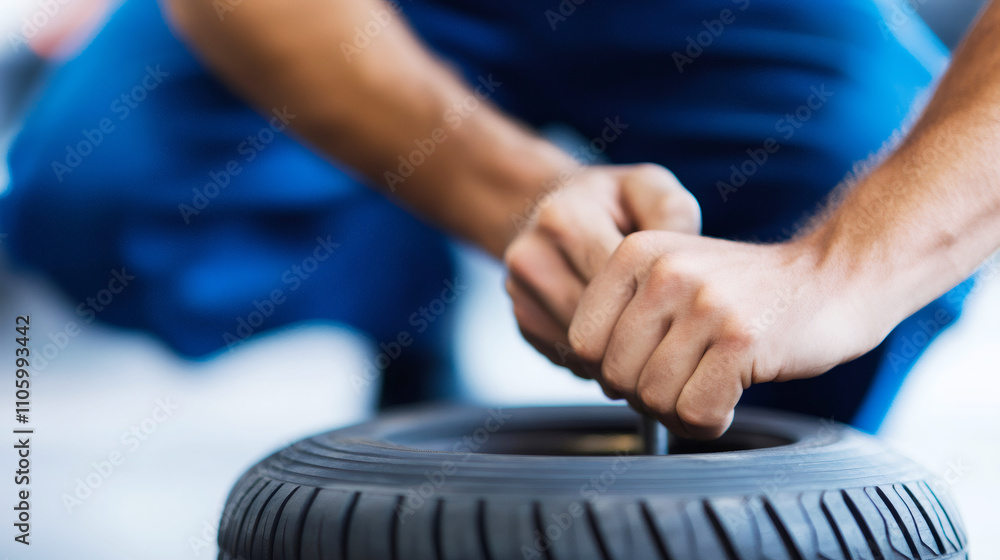 Skilled mechanic's hands expertly repairing wheel with precision in professional auto repair shop, in close-up view Skilled mechanic's hands expertly repairing wheel with precision in professional auto repair shop, in close-up view