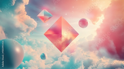Celestial Geometric Forms Floating in Pastel Cloudscape